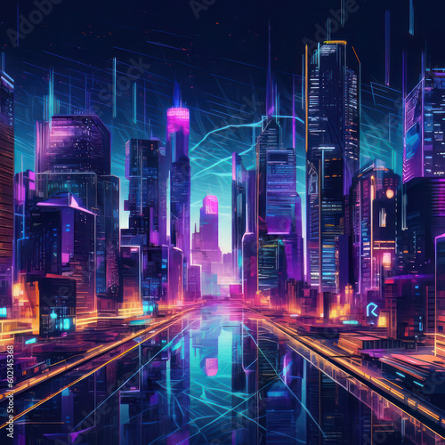 A futuristic cityscape made entirely of neon lights  showcasing towering skyscrapers and busy traffic  reflecting the city s energy.