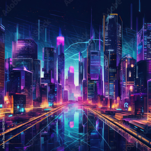 A futuristic cityscape made entirely of neon lights, showcasing towering skyscrapers and busy traffic, reflecting the city's energy.