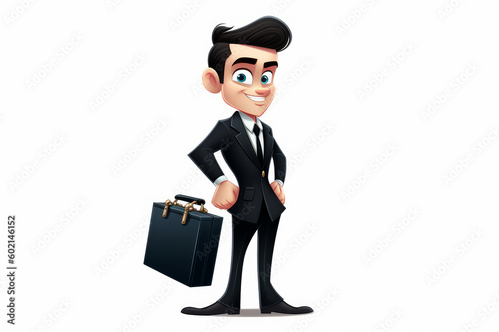 Cartoon man wearing a black suit and carrying a briefcase, white background