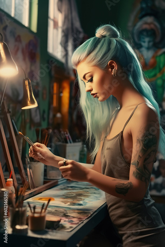 Artist female standing and painting something in her art studio. A professional young woman painter draws in the workshop. Generative AI