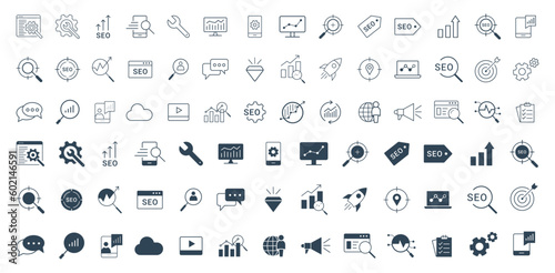 SEO and Development icon set. Search engine Optimization, business, marketing, target, ranking, contact, website, traffic line and solid icon vector
