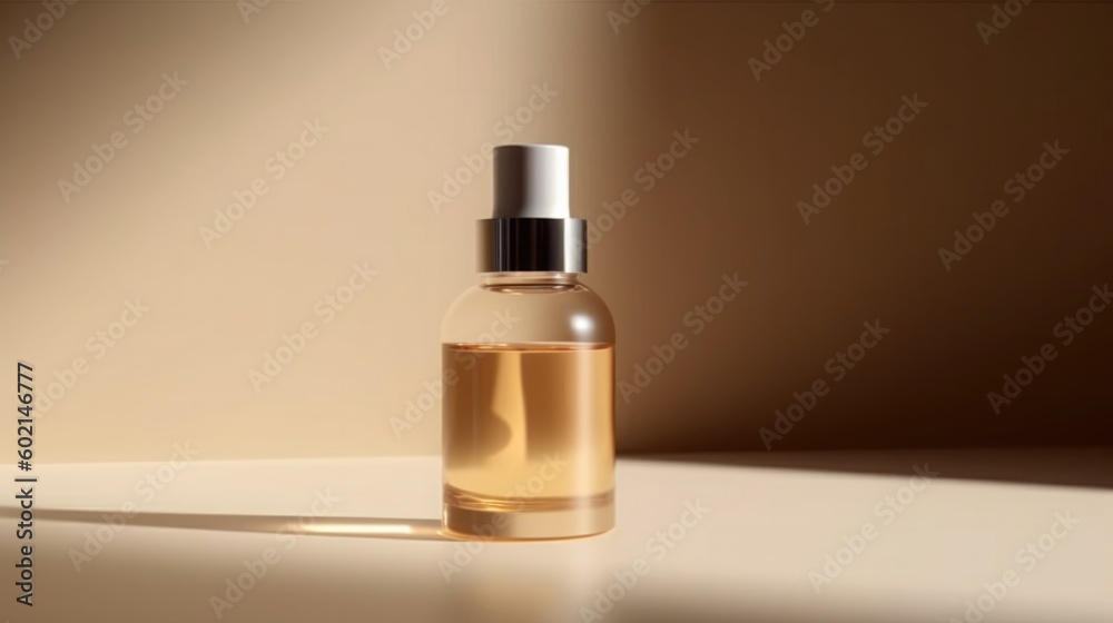 Serum bottle on beige background. Illustration AI Generative. Serum bottle on beige background. Illustration AI Generative.