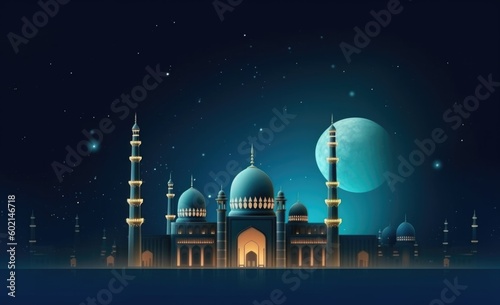 Mosques dome on dark blue twilight sky and crescent moon on background Illustration AI Generative.