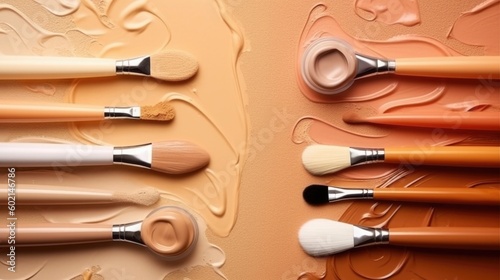 Smears and drops of various cosmetic products and pipettes on beige backgroun...