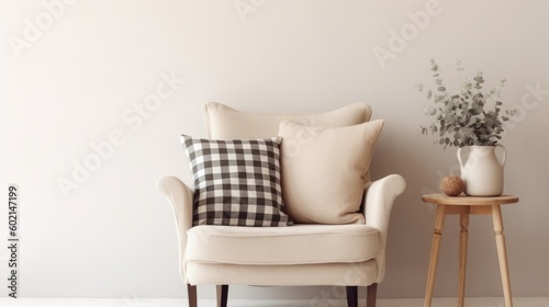 Living room mockup or setup with beige soft chair. Illustration AI Generative