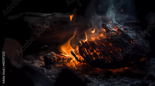 Bonfire. Glowing coals. Dark background. Generative AI technology.