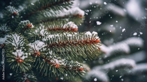 Closeup of Christmas pine tree with snow  Illustration AI Generative.