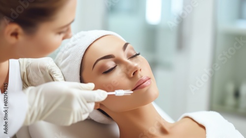 Young woman is getting a rejuvenating facial injections at beauty clinic. Ill...