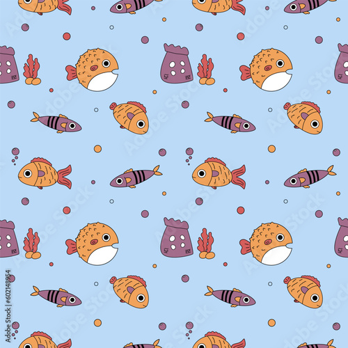 Vector seamless pattern with fishes. Fishes in flat style