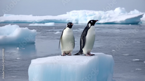 Two penguins stand on a small melting ice block  penguins on melting ice