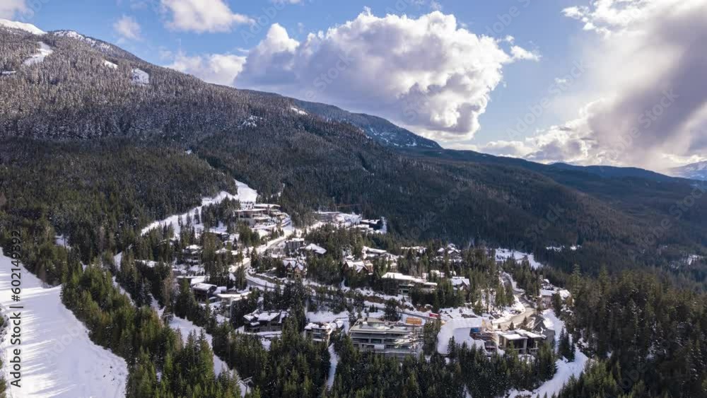 Alpine homes on hill, Whistler Mountain, aerial footage hyper lapse, winter scene, log cabin, luxury vacation home, mountain home. 5.4K 24FPS