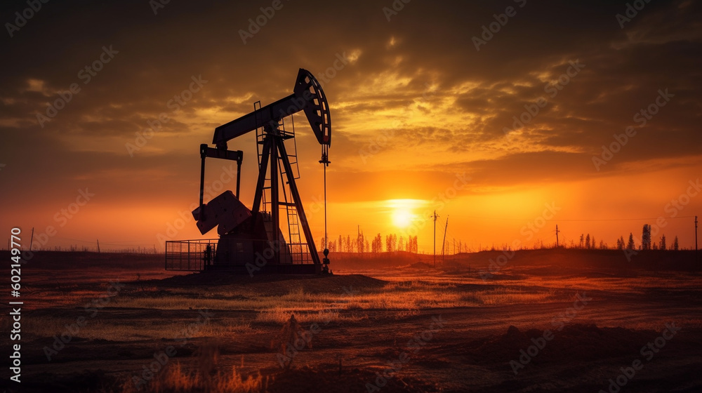 Pumpjack in an oil field during sunset