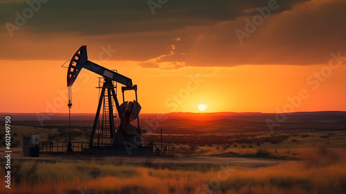Pumpjack in an oil field at sunset