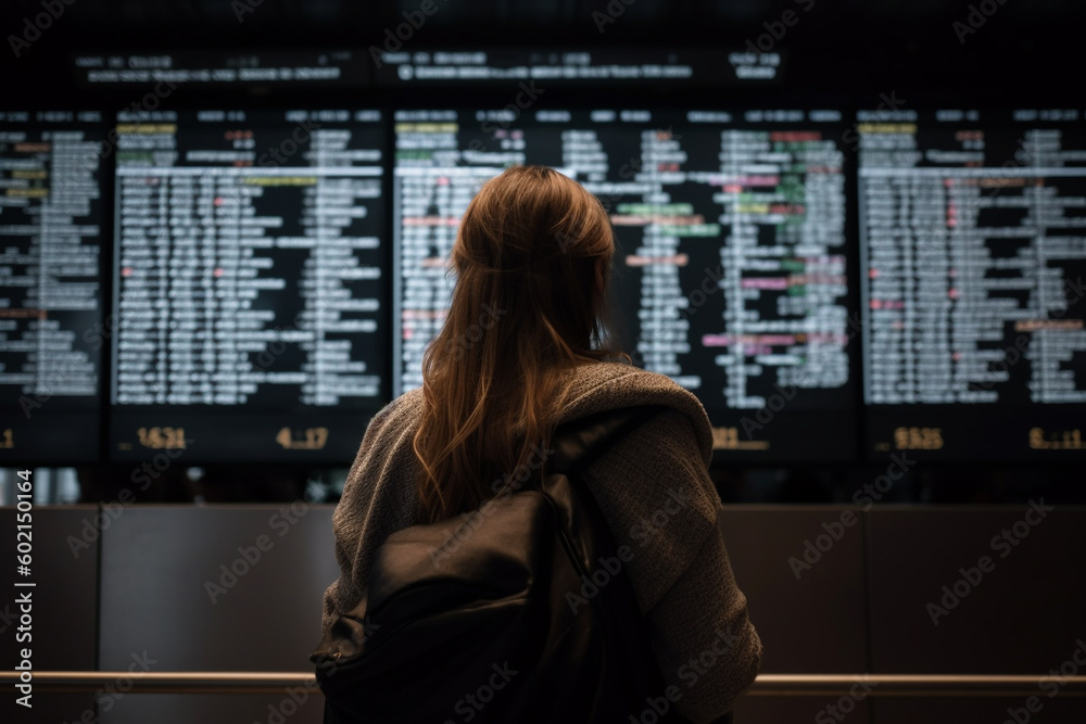 Woman from behind looking at a airplane travel board Woman from behind looking at a airplane travel board