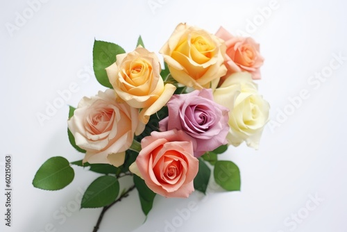 Bunch of roses in different colors, white background