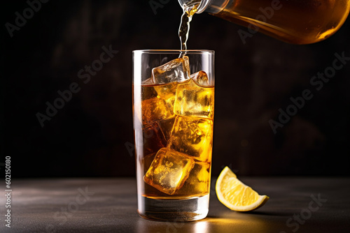 Long Island Ice Tea with ice being poured into a glass 