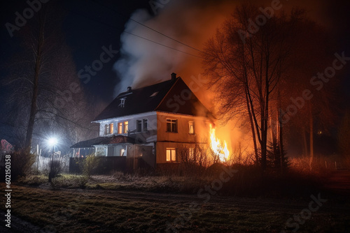 aHouse on fire at night