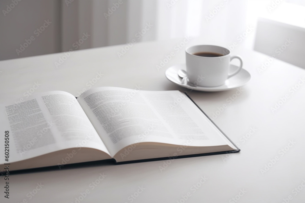 Open book on a white table next to a cup of coffee Open book on a white table next to a cup of coffee