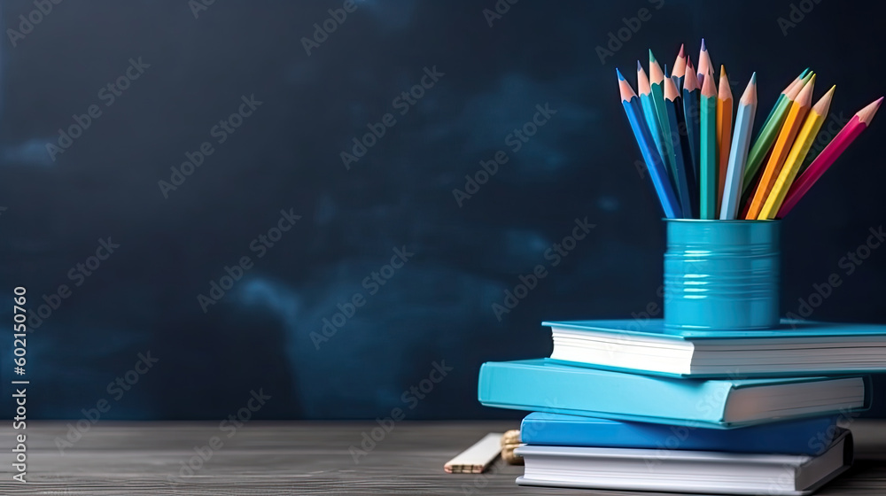 stack of books and pencils on school table against the background of blue blackboard, AI Generated.  Generative AI - obrazy, fototapety, plakaty 