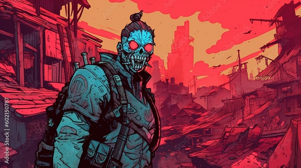 Portrait of a post-apocalyptic warrior guarding a ruined city. Fantasy concept , Illustration painting. Generative AI Portrait of a post-apocalyptic warrior guarding a ruined city. Fantasy concept , Illustration painting. Generative AI