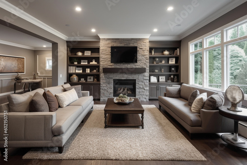 Living room interior in grey and brown colors, mockup luxury living room