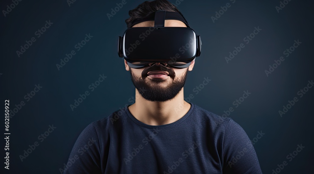 Man wearing virtual reality headset, VR, future, gadgets, technology concept - generative ai Man wearing virtual reality headset, VR, future, gadgets, technology concept - generative ai