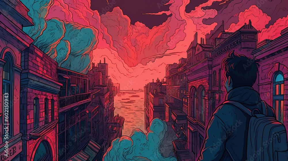 Obraz premium Portrait of a tourist admiring the beauty of a historic city. Fantasy concept , Illustration painting. Generative AI