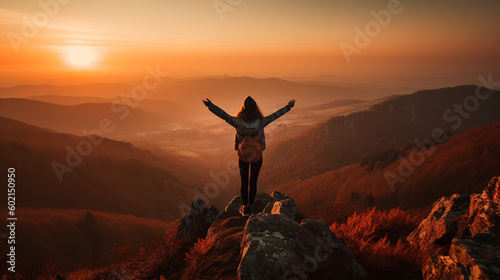 girl raising her hands in the air on top of a mountain