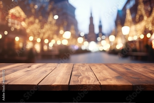Empty old Wooden table in front of a Christmas market , Christmas lights in the background