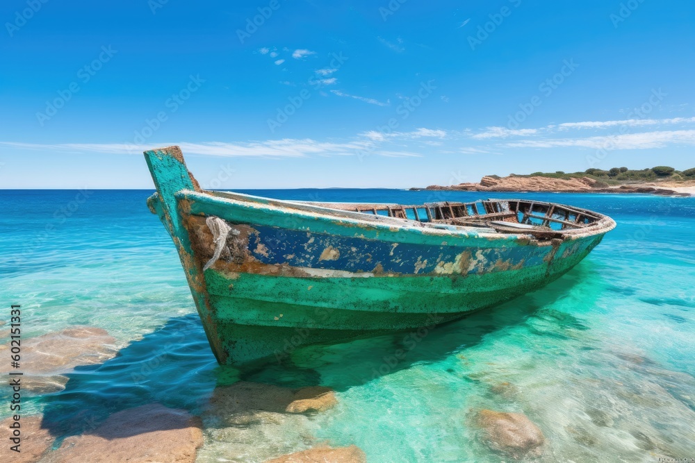 Old small fishing boat on an tropical island shore - generative ai