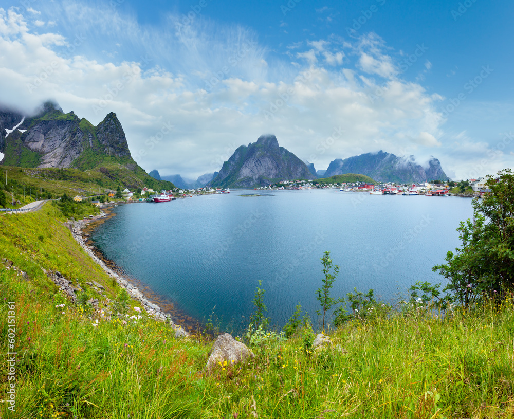 Fishing village Reine (Lofoten, Norway). Summer cloudy view. Fishing village Reine (Lofoten, Norway). Summer cloudy view.