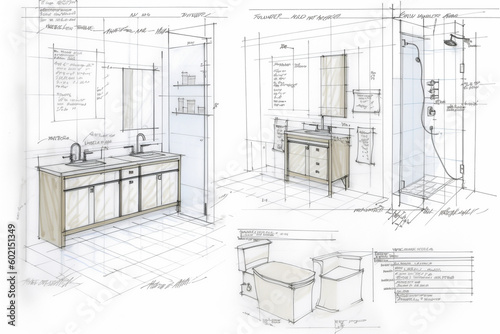 drawings of plans for a bathroom build, bathroom sketch art