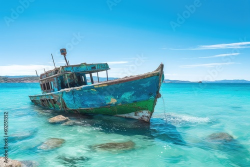 Old small fishing boat on an tropical island shore - generative ai