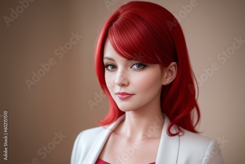 Young red hair business lady looking into camera in her office. Beautiful young woman with fiery hair and in a white suit or jacket posing for a picture with a pastel background. Generative AI © useful pictures