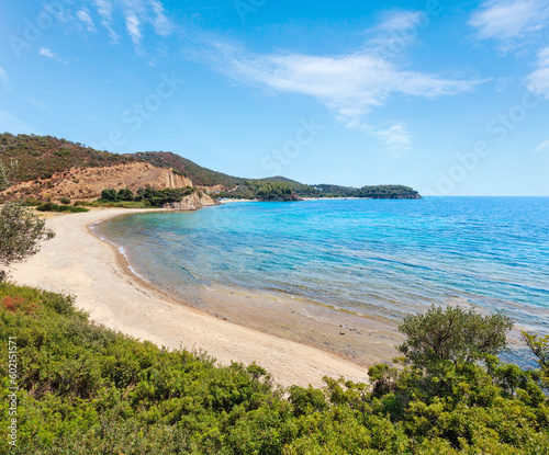 Summer Aegean Sea coast landscape with sandy beach and wild camping  Sithonia  Halkidiki  Greece .