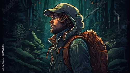 Portrait of a traveler lost in a dark forest. Fantasy concept , Illustration painting. Generative AI