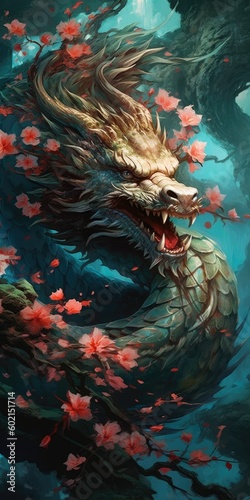 Japanese dragon and cherry blossom colorful illustration representing Asian character, generative ai