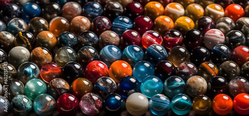 Assortment of colorful glass marble collection studio shot. Used as a diversity, multicultural and plurality concept. AI Generative technology. photo