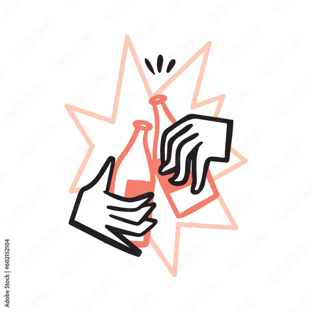 Two hands of friends clink beer bottles at a party. Vector simple doodle, illustration, flat outline icon. Two hands of friends clink beer bottles at a party. Vector simple doodle, illustration, flat outline icon.