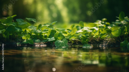 spring leaves floating on water, greenery on river side