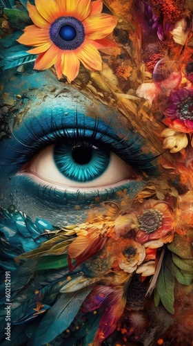 Woman face dressed on exotic flowers and paints, closeup, digital art - generative ai © Infinite Shoreline