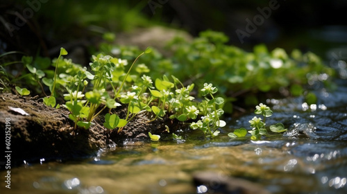 Small plants sitting on the edge of a river