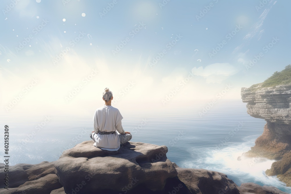 Silhouette of a woman practicing yoga pose on a tranquil beach, shot at sunset during summer vacation - generative ai Silhouette of a woman practicing yoga pose on a tranquil beach, shot at sunset during summer vacation - generative ai