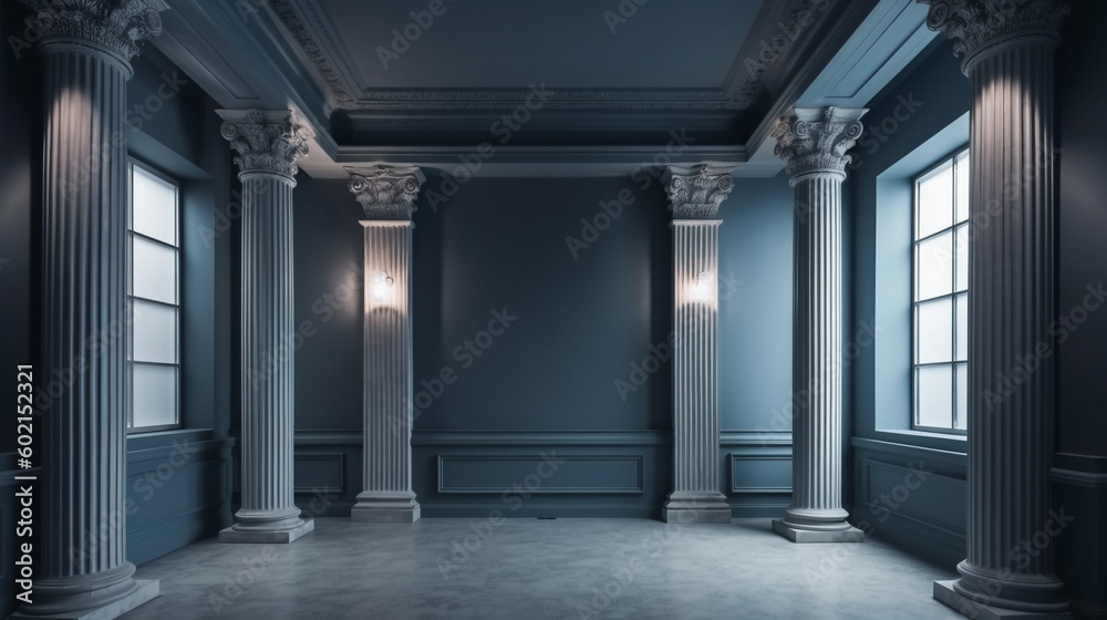Beautiful grey blue empty wall with pillars