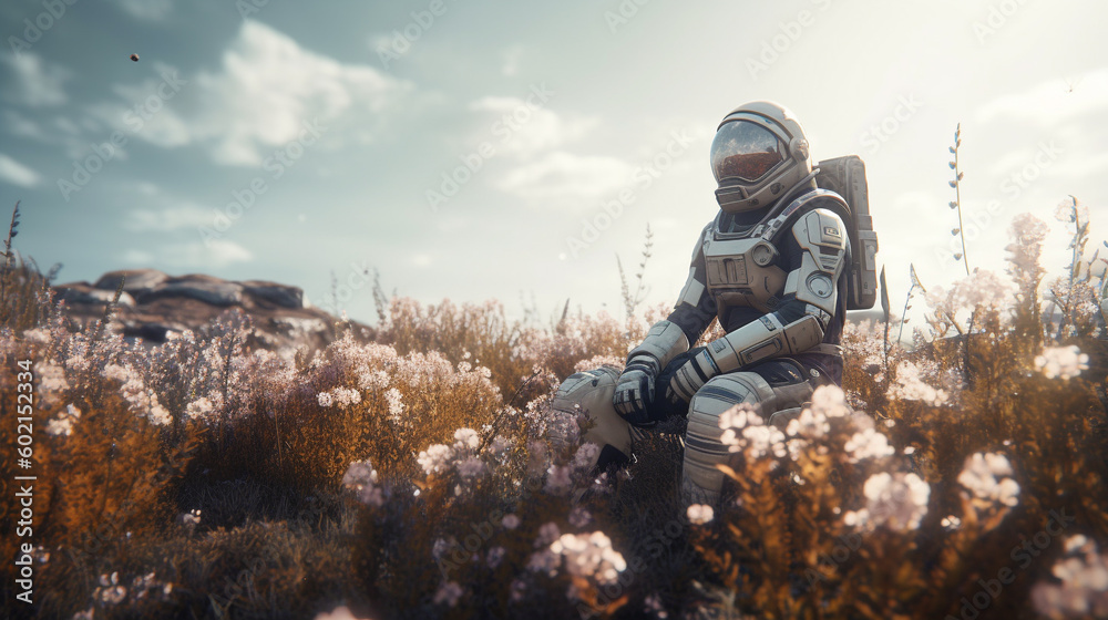 Astronaut sitting in in a field of flowers Astronaut sitting in in a field of flowers
