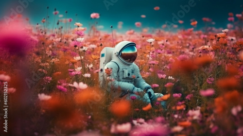 Astronaut sitting in in a field of flowers