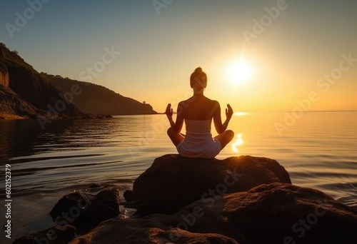 Silhouette of a woman practicing yoga pose on a tranquil beach, shot at sunset during summer vacation - generative ai