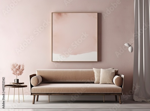 Beautiful frame hanging above a soft brown couch, pink color scheme, copy space - generative ai
