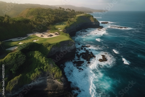 Aerial view of a stunning golf course on a lush rocky island © HY