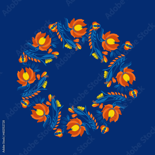 Traditional Ukrainian painting of Petrykivka. Elements of blue and yellow floral ornament. Decorative composition for the background. Repeating pattern. Wreath of flowers.